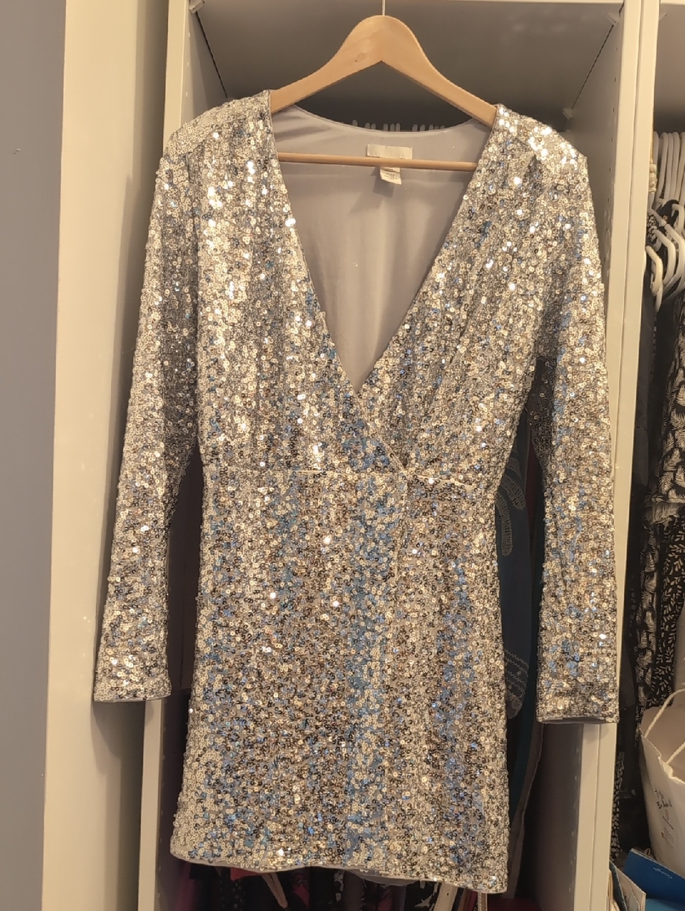 H&M Silver Sequin Long Sleeve V-Neck Dress